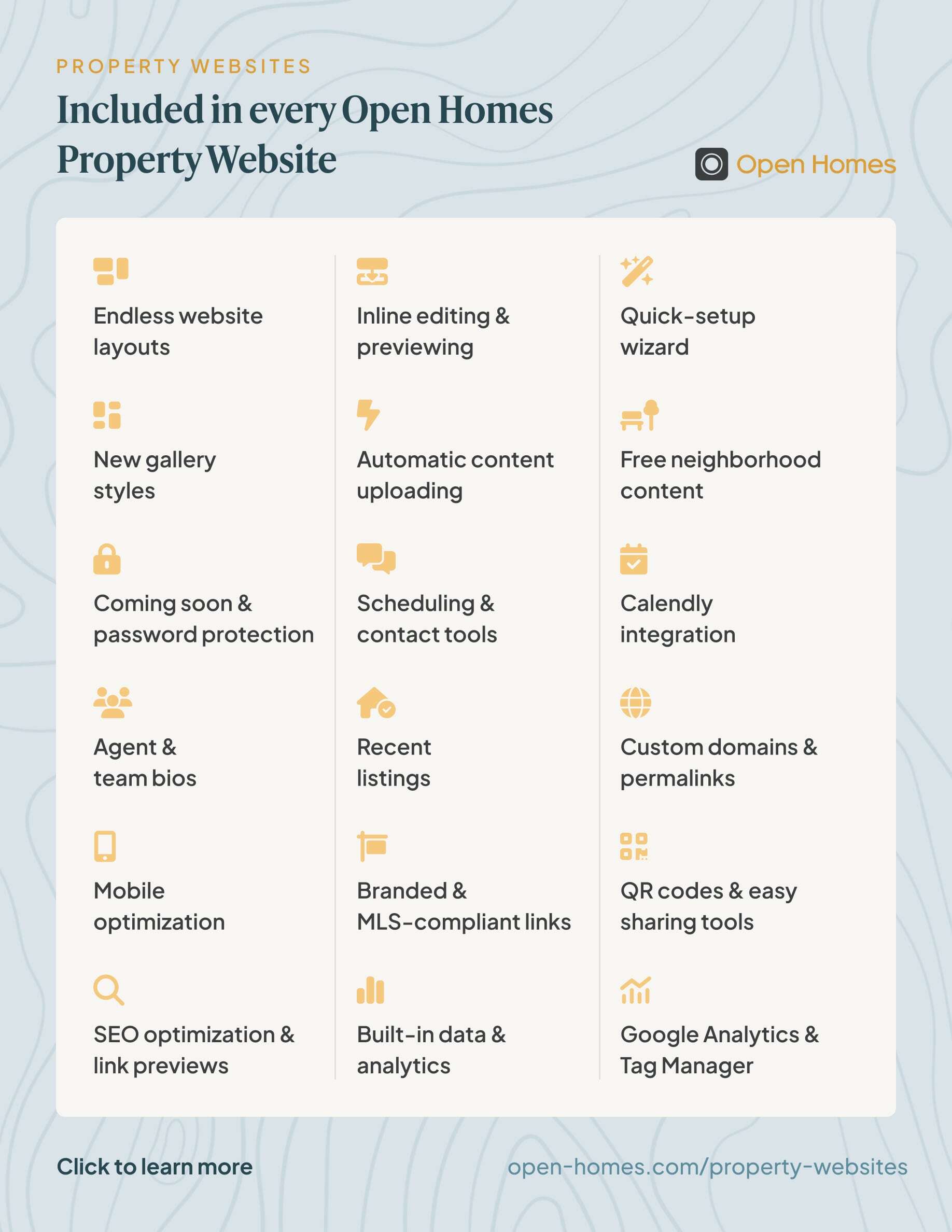 A list of all of the features and benefits of a single property website